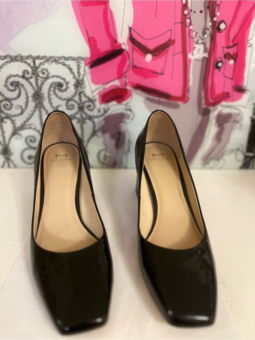 Marc Fisher Black Patent Square-Toe Pumps - Size 8